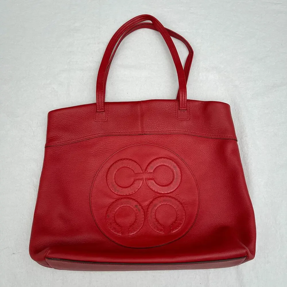Coach Tote Purse Julia Op Art Perry Red Leather Handbag Large Logo READ Flaw